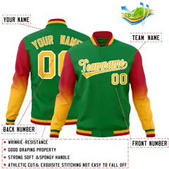 Kelly Green Gold White Gradient Raglan Varsity Letterman Jacket 2