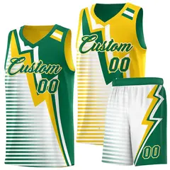 Kelly Green Gold White Gradient Stripes Lightning Pattern Reversible Basketball Jersey