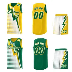 Kelly Green Gold White Gradient Stripes Lightning Pattern Reversible Basketball Jersey 2
