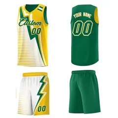 Kelly Green Gold White Gradient Stripes Lightning Pattern Reversible Basketball Jersey 5
