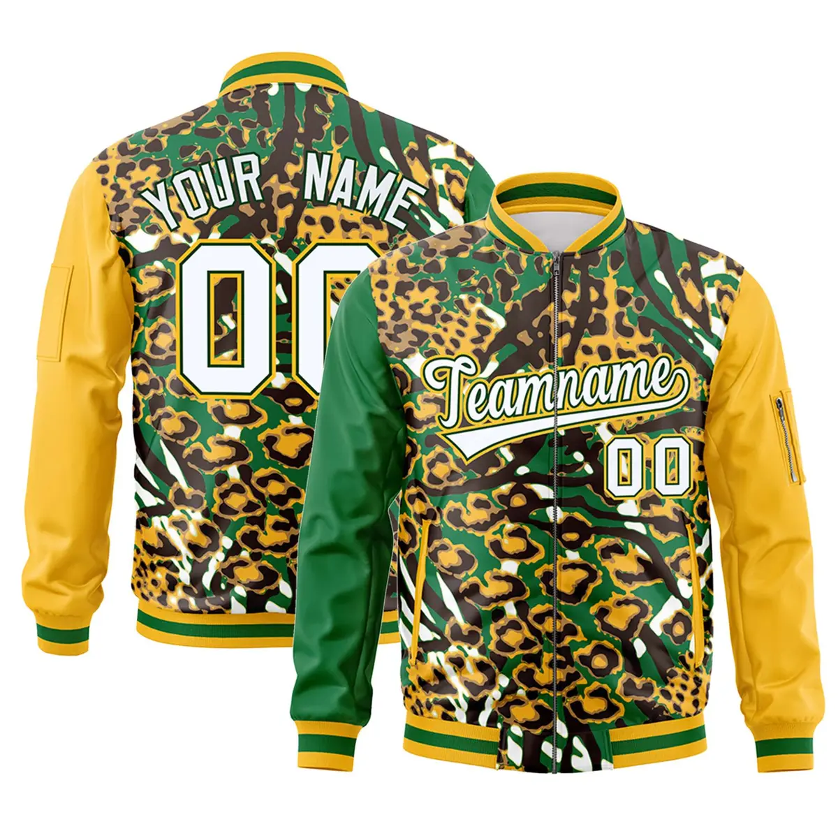 Kelly Green Gold-White Graffiti Pattern Full-Zip Letterman Bomber Jacket
