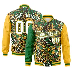 Kelly Green Gold-White Graffiti Pattern Full-Zip Letterman Bomber Jacket