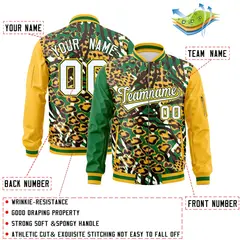 Kelly Green Gold-White Graffiti Pattern Full-Zip Letterman Bomber Jacket 2