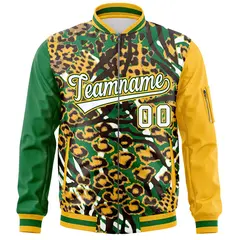 Kelly Green Gold-White Graffiti Pattern Full-Zip Letterman Bomber Jacket 3