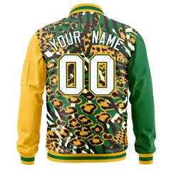 Kelly Green Gold-White Graffiti Pattern Full-Zip Letterman Bomber Jacket 4
