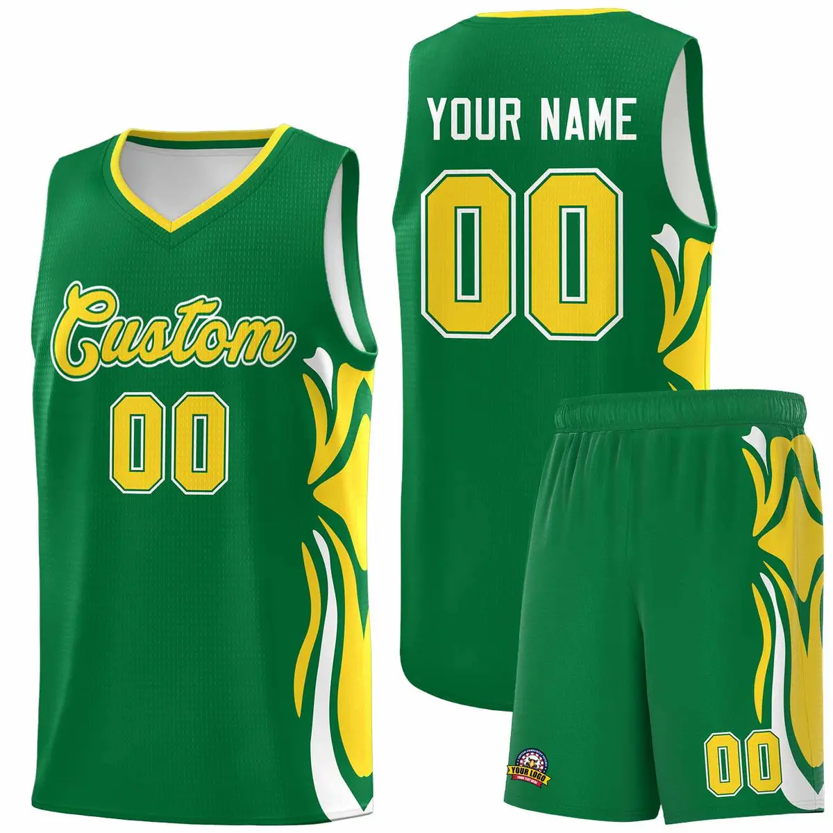 Kelly Green Gold-White Graffiti Side Curve Basketball Jersey Sets