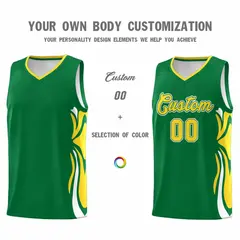 Kelly Green Gold-White Graffiti Side Curve Basketball Jersey Sets 3