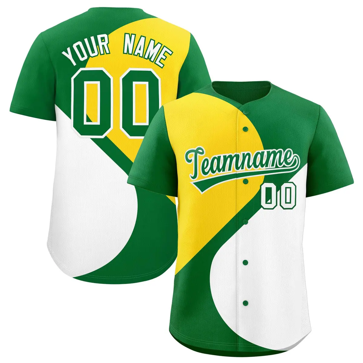 Kelly Green Gold-White Half Heart Color Block Baseball Jersey