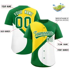 Kelly Green Gold-White Half Heart Color Block Baseball Jersey 2