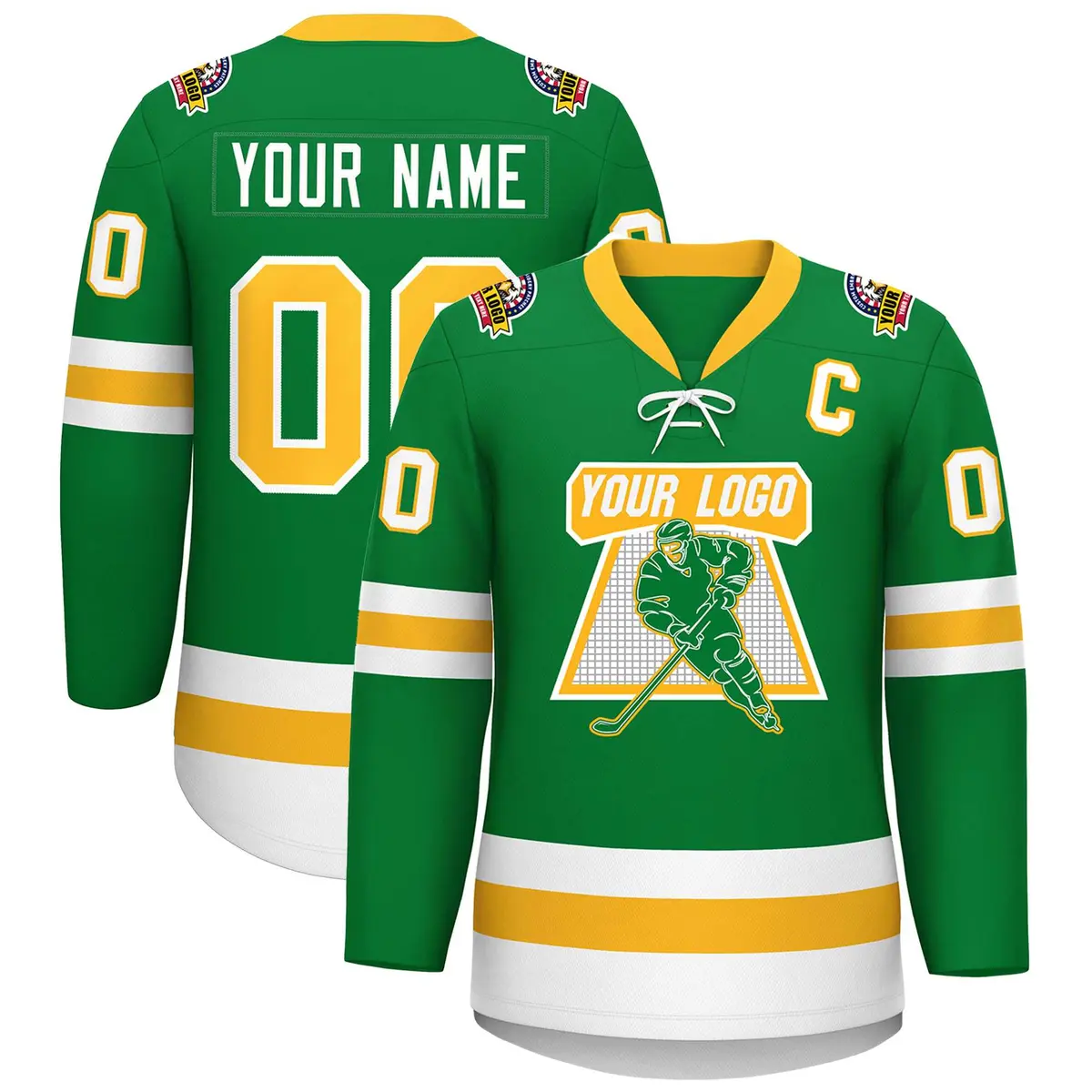 Kelly Green Gold-White Lace-Up Neck Hockey Jersey