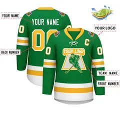 Kelly Green Gold-White Lace-Up Neck Hockey Jersey 2