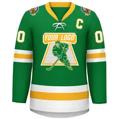 Kelly Green Gold-White Lace-Up Neck Hockey Jersey 3