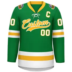 Kelly Green Gold-White Lace-Up Neck Hockey Jersey 3