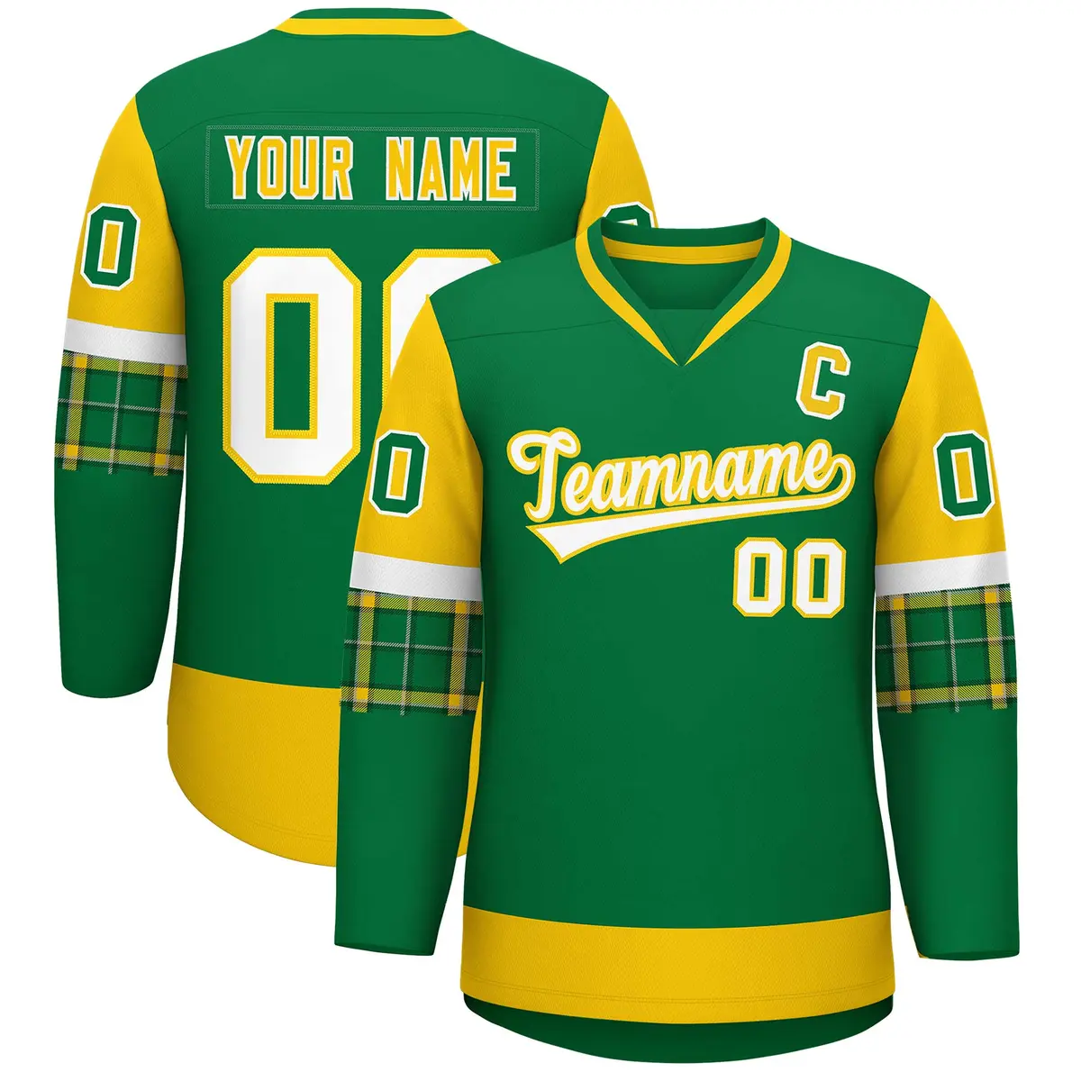Kelly Green Gold-White Raglan Sleeves V-Neck Hockey Jersey