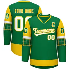 Kelly Green Gold-White Raglan Sleeves V-Neck Hockey Jersey