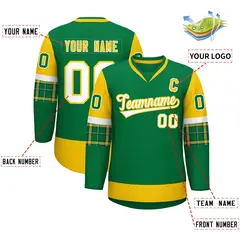 Kelly Green Gold-White Raglan Sleeves V-Neck Hockey Jersey 2
