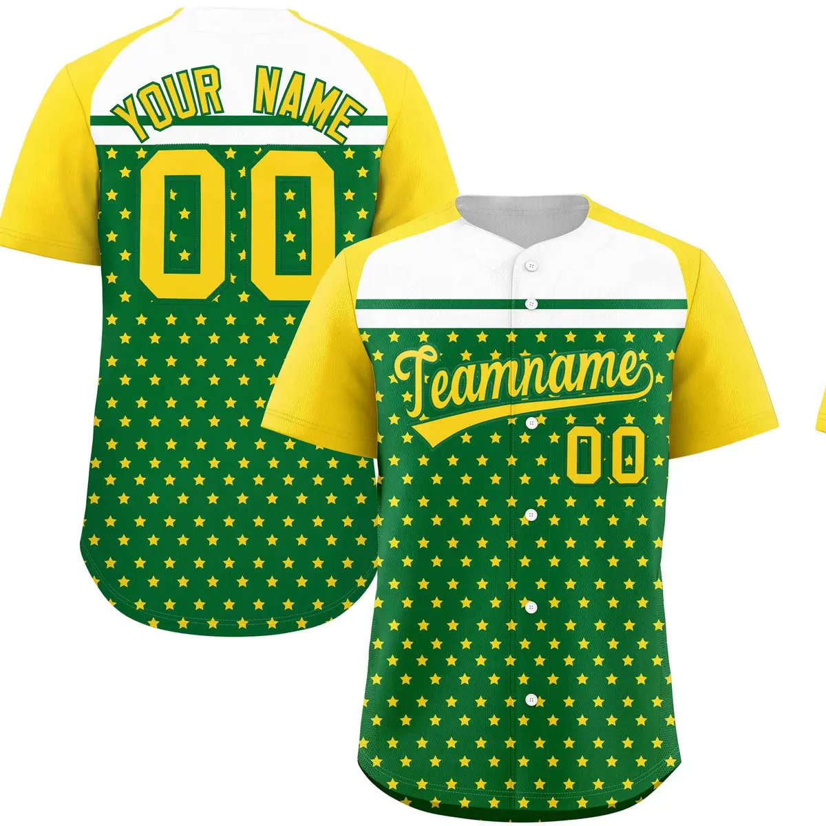 Kelly Green Gold-White Raglan Star Print Baseball Jersey