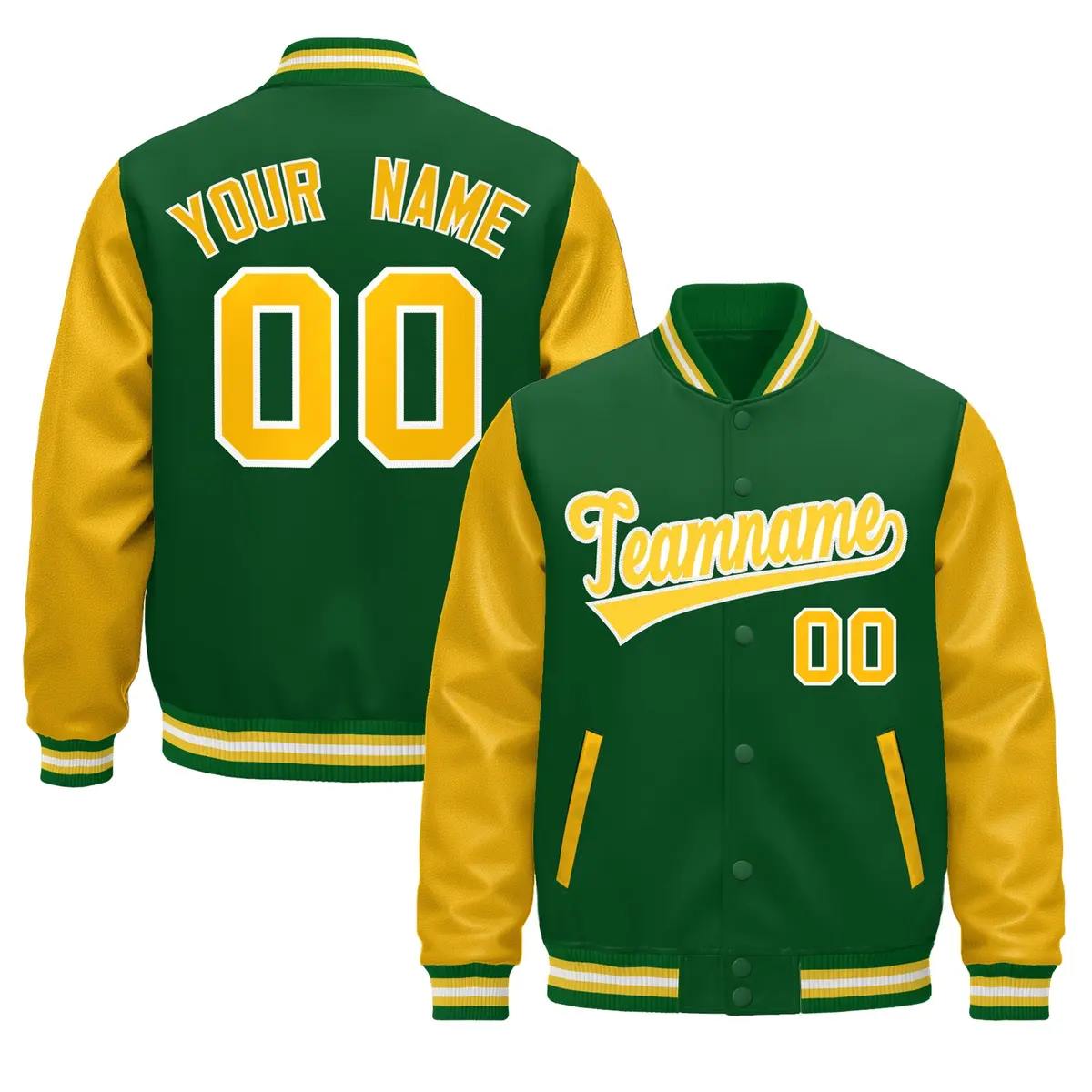 Kelly Green Gold White Raglan Varsity Full-Snap Leather Sleeves Letterman Jacket