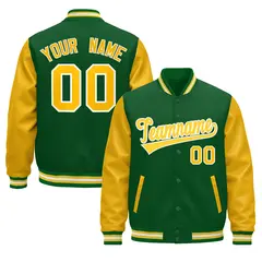 Kelly Green Gold White Raglan Varsity Full-Snap Leather Sleeves Letterman Jacket
