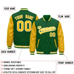 Kelly Green Gold White Raglan Varsity Full-Snap Leather Sleeves Letterman Jacket 2