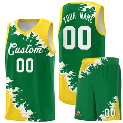 Kelly Green Gold-White Sparkle Print Basketball Kits 1
