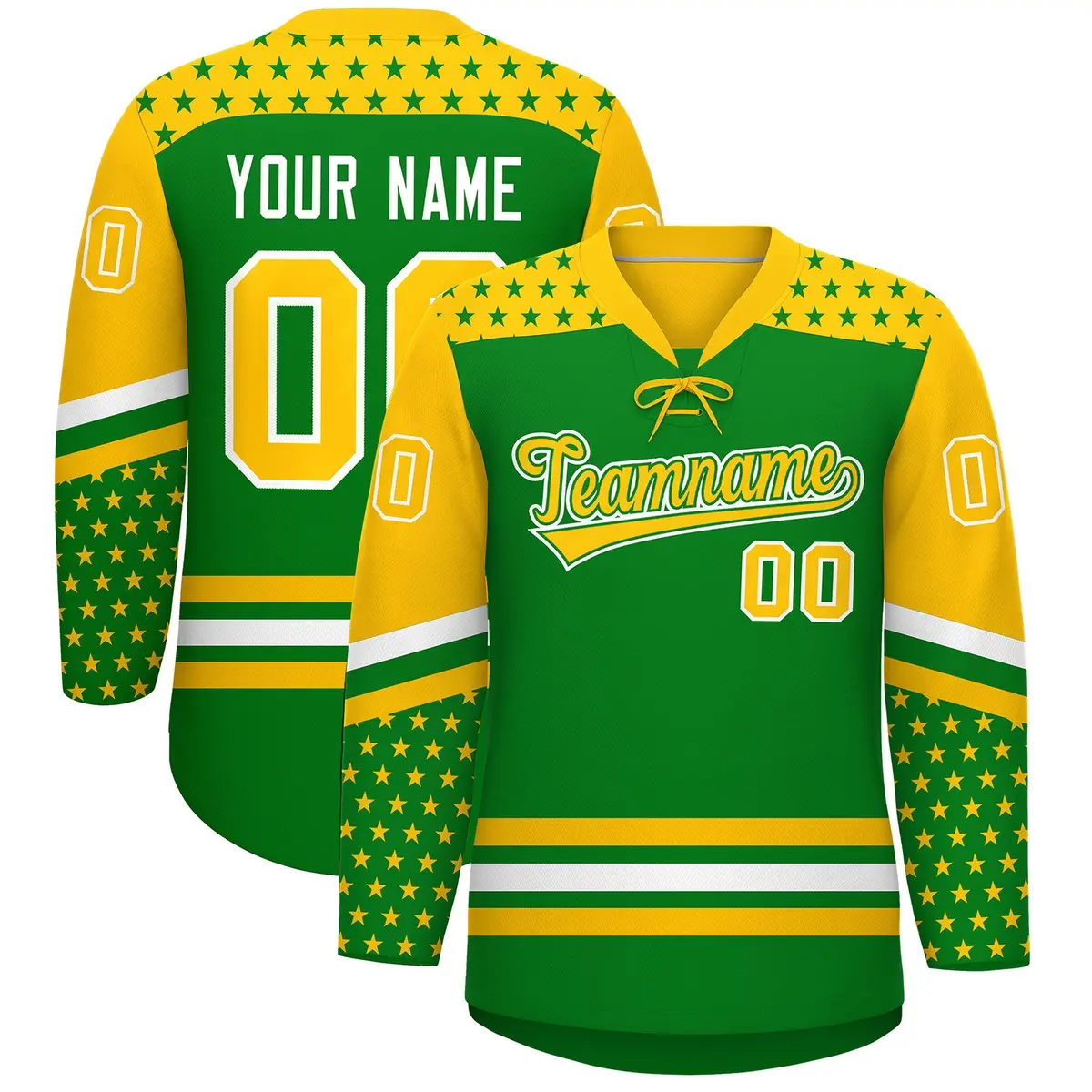 Kelly Green Gold White Star Series Lace-Up Neck Hockey Jersey