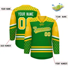 Kelly Green Gold White Star Series Lace-Up Neck Hockey Jersey 2