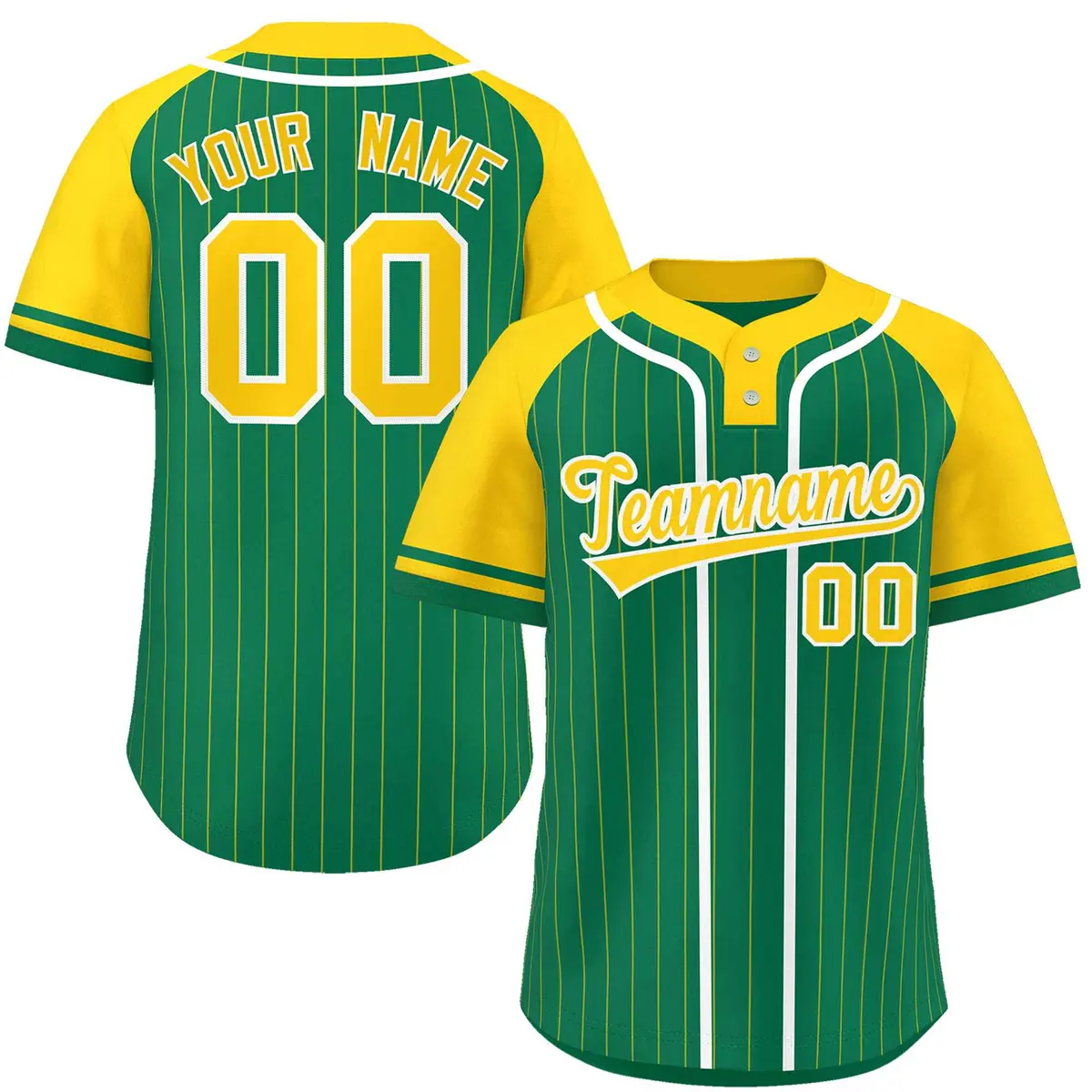 Kelly Green Gold-White Stripe Raglan Two-Button Softball Jersey