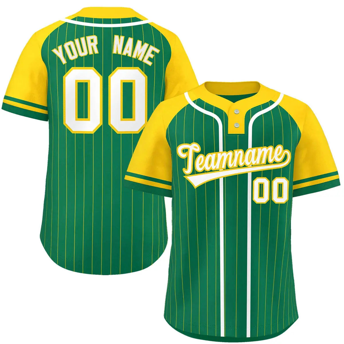 Kelly Green Gold-White Stripe Raglan Two-Button Softball Jersey