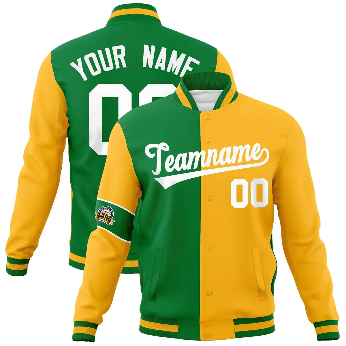 Kelly Green Gold-White Two Tone Split Letterman Varsity Jacket