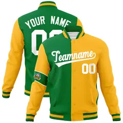 Kelly Green Gold-White Two Tone Split Letterman Varsity Jacket