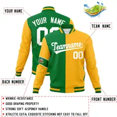 Kelly Green Gold-White Two Tone Split Letterman Varsity Jacket 4
