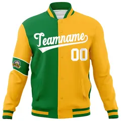 Kelly Green Gold-White Two Tone Split Letterman Varsity Jacket 5