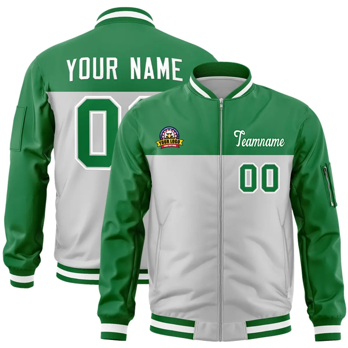 Kelly Green Gray Color Block Full-Zip Letterman Bomber Jacket
