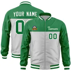 Kelly Green Gray Color Block Full-Zip Letterman Bomber Jacket