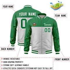 Kelly Green Gray Color Block Full-Zip Letterman Bomber Jacket 2