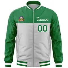 Kelly Green Gray Color Block Full-Zip Letterman Bomber Jacket 3