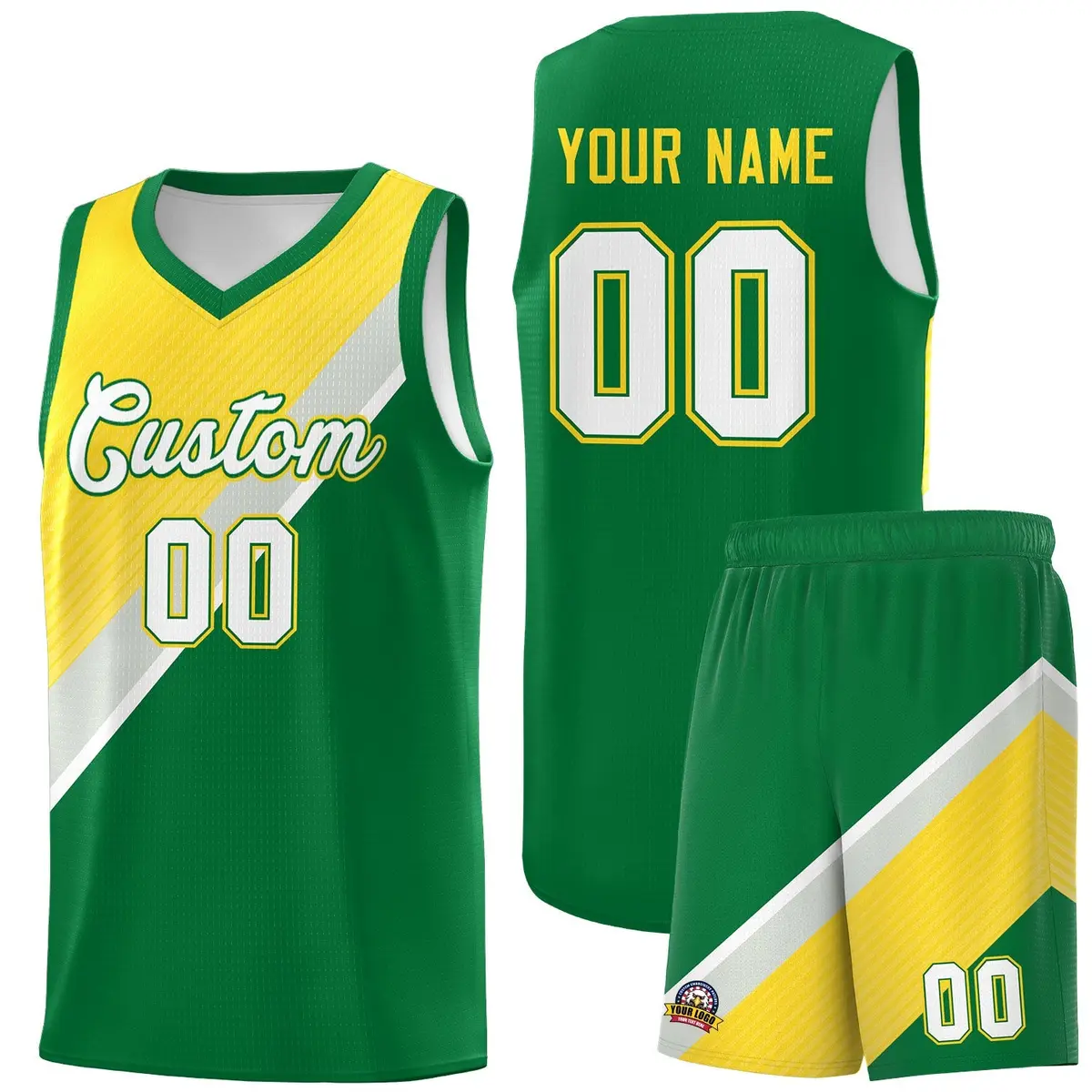 Kelly Green Gray Diagonal Stripes Color Block Basketball Jersey