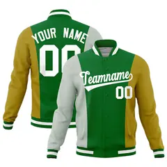 Kelly Green Gray Old Gold Three-Color Block Varsity Letterman Jacket