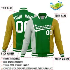 Kelly Green Gray Old Gold Three-Color Block Varsity Letterman Jacket 2