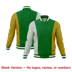 Kelly Green Gray Old Gold Three-Color Block Varsity Letterman Jacket 7