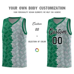 Kelly Green Gray Puzzle Pattern Splid Basketball Kits 3