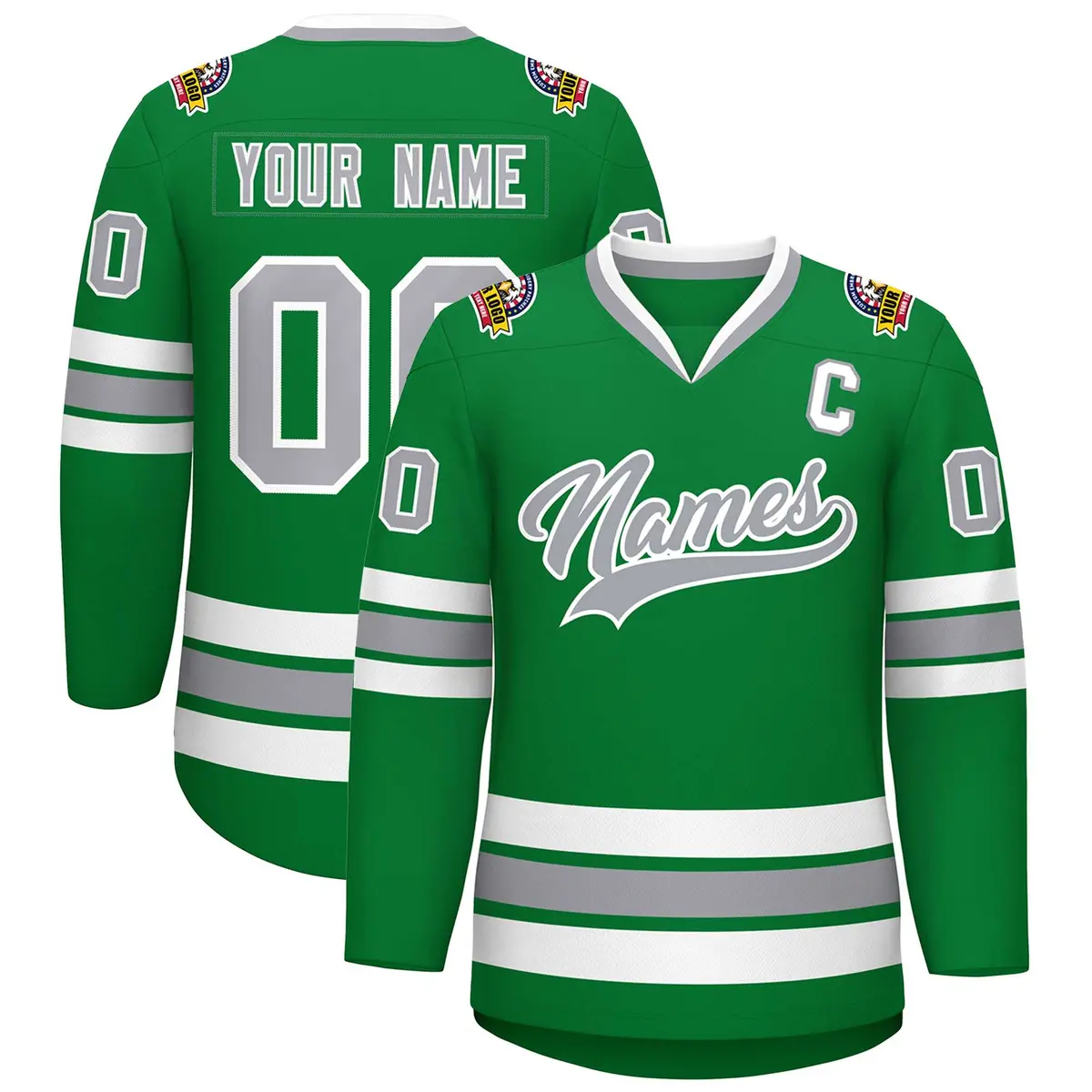 Kelly Green Gray-White Classic Style Hockey Jersey