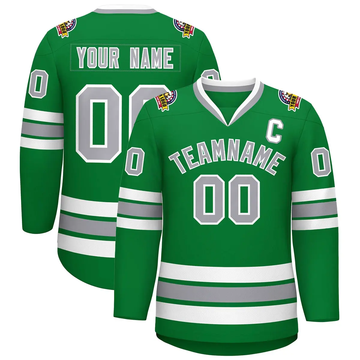 Kelly Green Gray-White Classic Style Hockey Jersey
