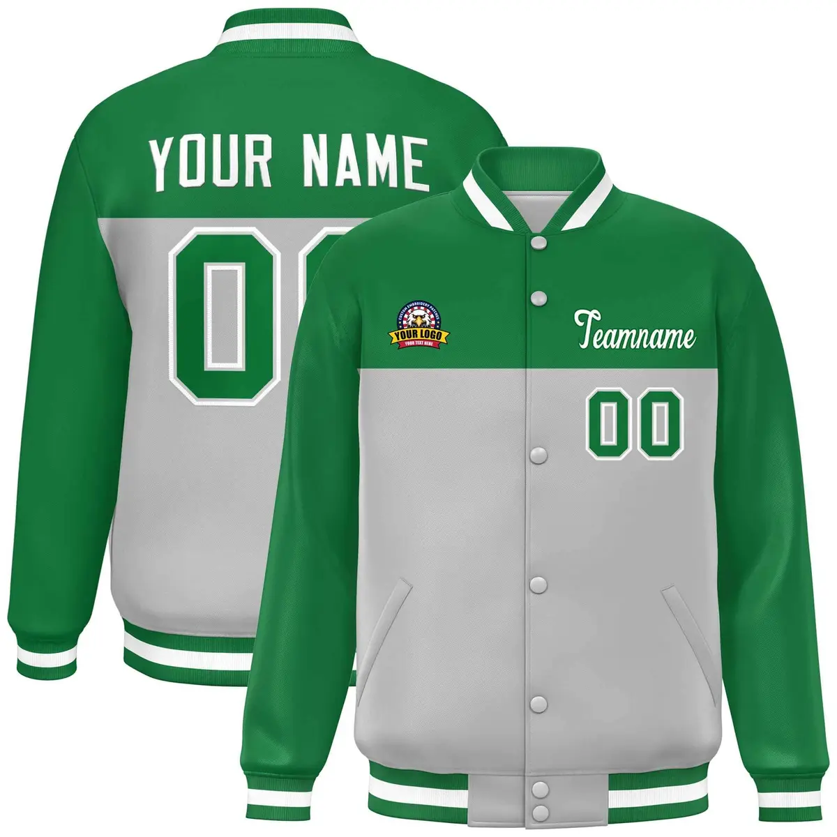 Kelly Green Gray-White Color Block Full-Snap Varsity Letterman Jacket