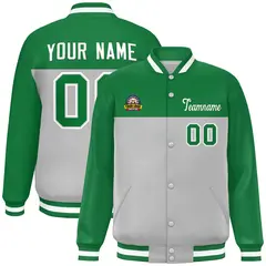 Kelly Green Gray-White Color Block Full-Snap Varsity Letterman Jacket