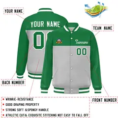 Kelly Green Gray-White Color Block Full-Snap Varsity Letterman Jacket 2