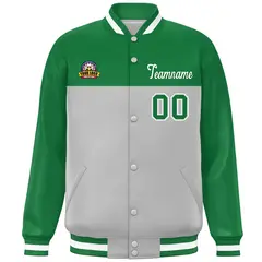 Kelly Green Gray-White Color Block Full-Snap Varsity Letterman Jacket 3