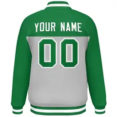 Kelly Green Gray-White Color Block Full-Snap Varsity Letterman Jacket 4