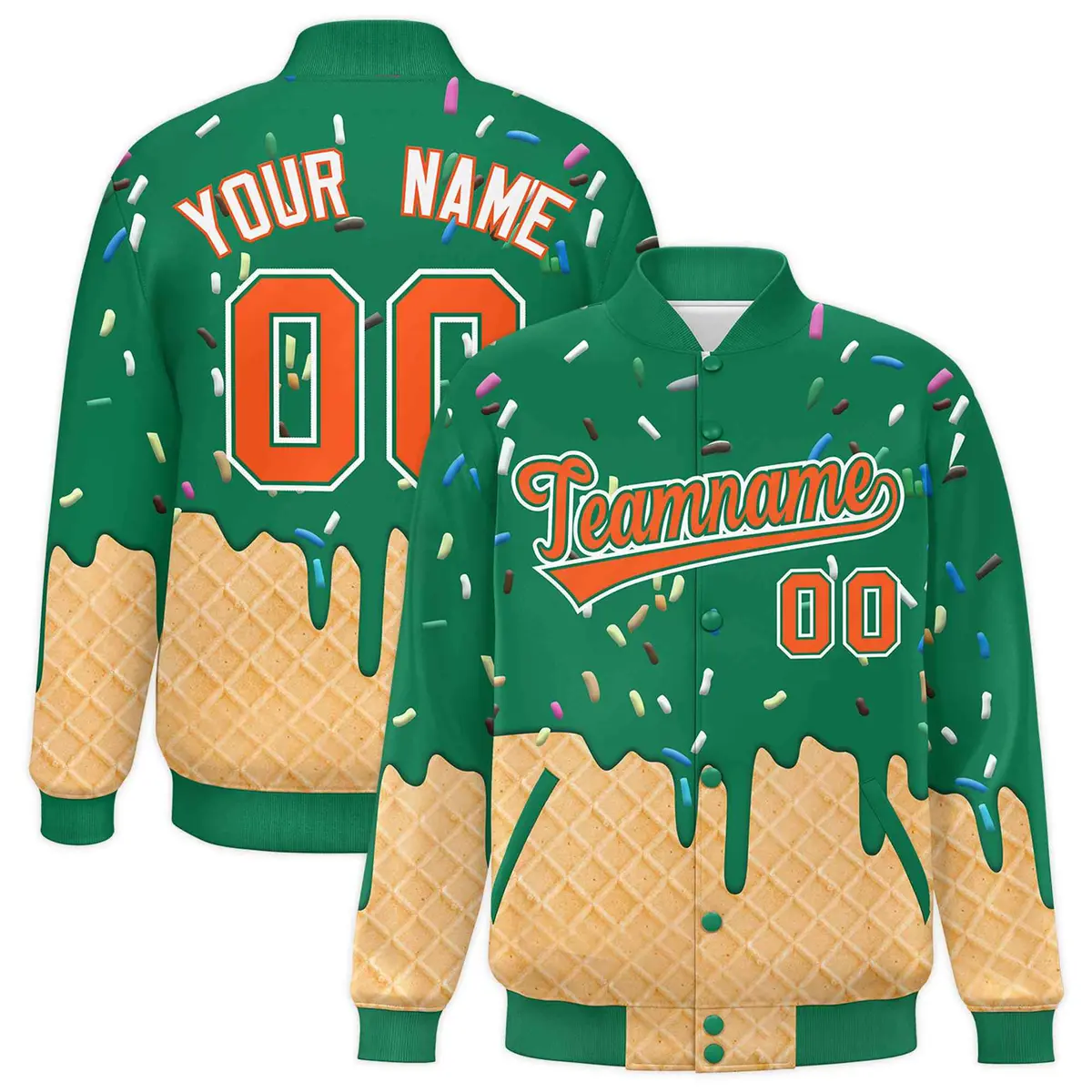 Kelly Green Ice Cream Cone Graffiti Full-Snap Varsity Letterman Jacket